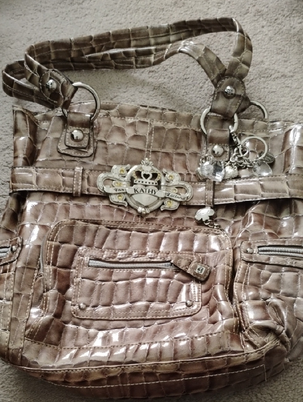 Kathy Van Zeeland Embellished Croc-Texture Handbag - Taupe & Gold Hardware